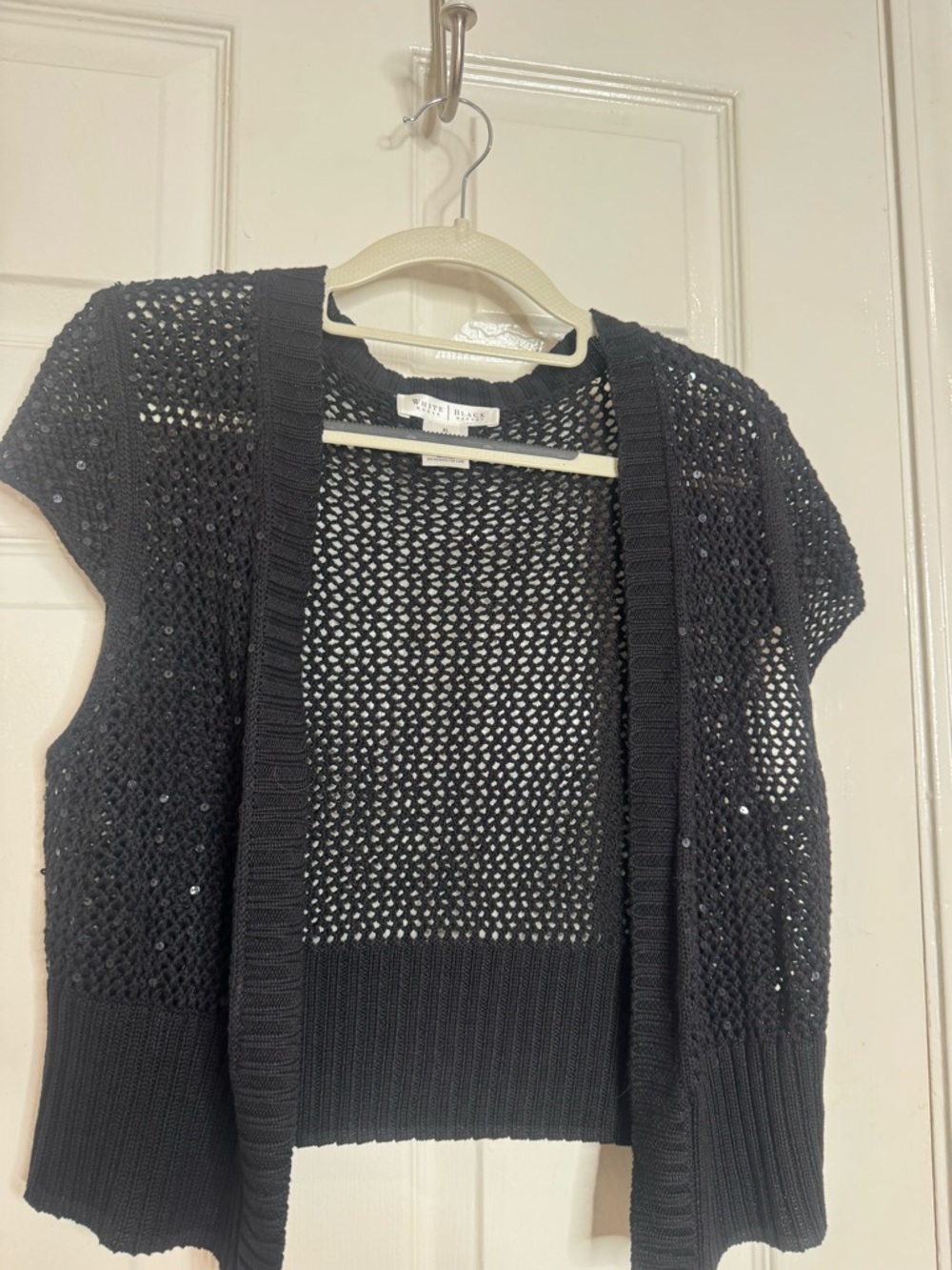 White House Black Market Black Open-Knit Short Sleeve Cardigan